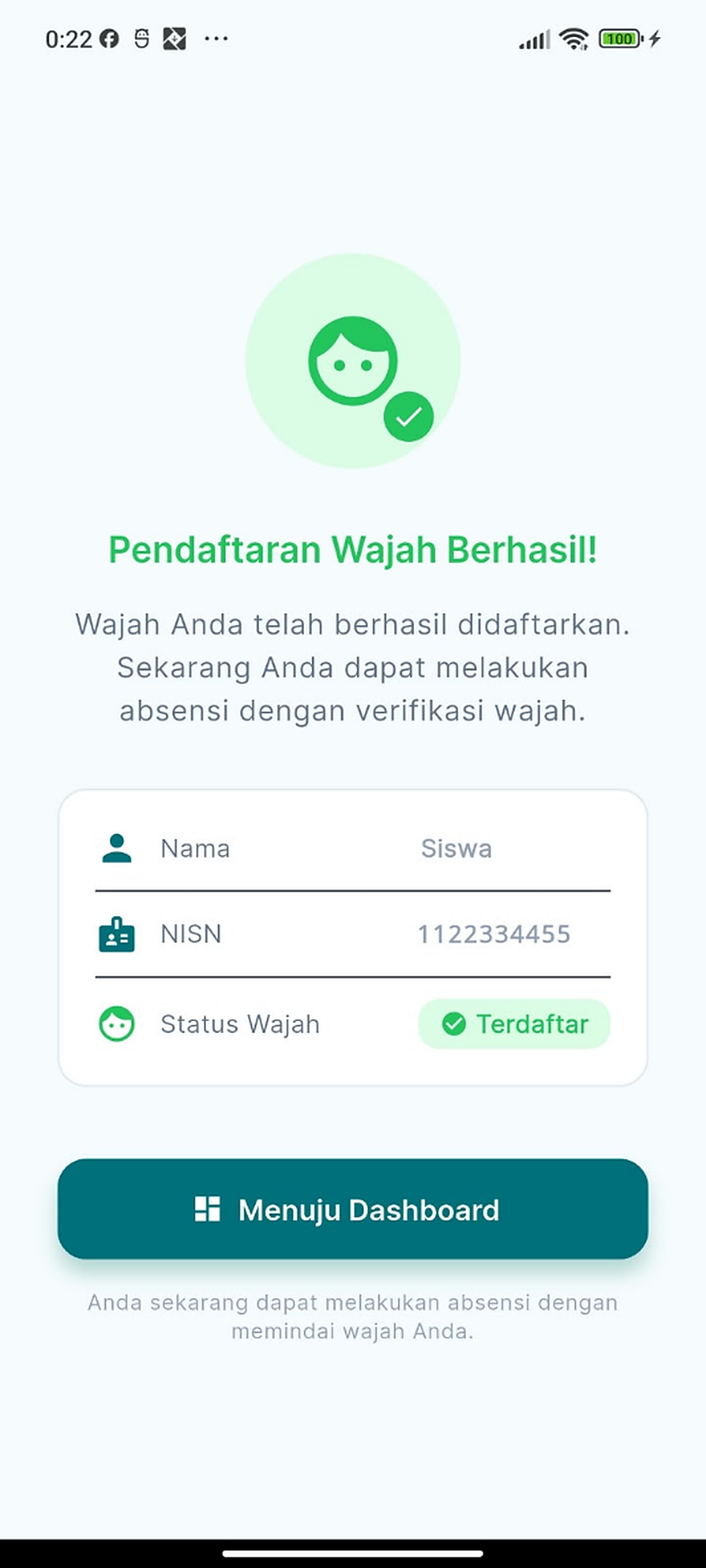 Pendaftaran Wajah Berhasil